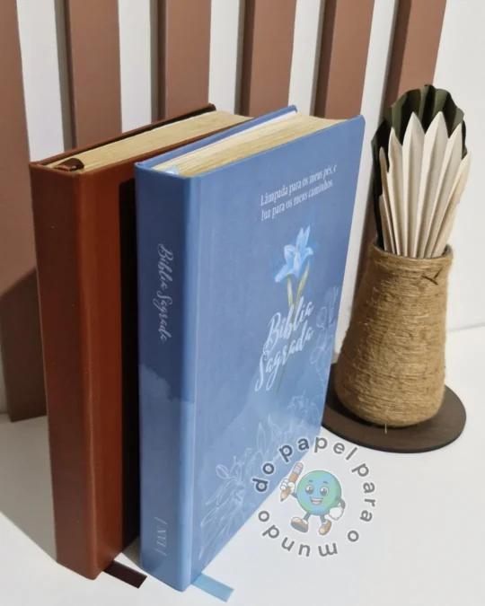Três Bíblias reformadas em pé lado a lado, com capas marrom, azul claro e azul com ilustração de flor