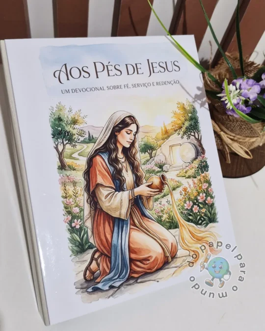 Caderno devocional em capa dura com o título Aos Pés de Jesus e ilustração de uma mulher ajoelhada em um jardim